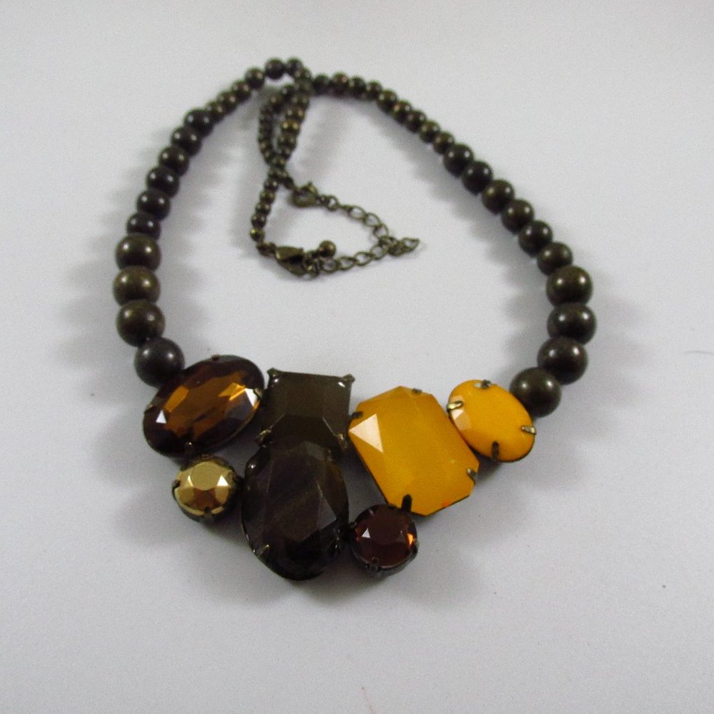 Vintage Signed (NR) Glass Gems Beaded Brass Statement Necklace